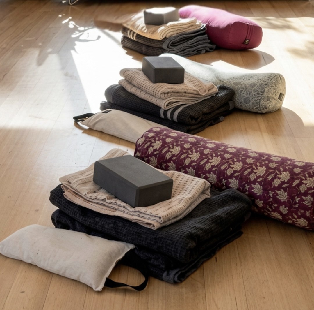 Cozy props setup with blankets and bolsters for the Rest + Nidra class at Beautiful Yoga